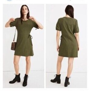 Madewell Womens Crosshatch Puff Sleeve Faux Wrap Mini Dress Green XS Tie Waist‎